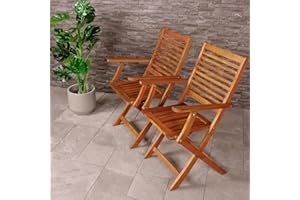 CHARLES BENTLEY FSC Certified Wooden, Pair of Folding Acacia Chairs, Foldable, Garden Seats, Outdoor Furniture, Easy To Fold, Lightweight, Slatted Design, Oil Coated Colour, Compact (87x53x52cm)