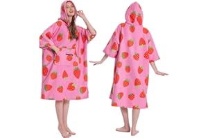 OLAOLA Poncho de Surf pour Adulte, Serviette de Bain avec Capuche et Poche, Peignoir à Langer, Poncho de Plage à Séchage Rapide pour Femmes et Hommes (Fraise)