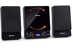 auna Microstar - Micro System, Vertical System, CD Player, Bluetooth, Stereo Speakers, USB Port, FM Tuner, LC Display, LED Ambient Light, Wall Installation or Floor-Standing, AUX, Black
