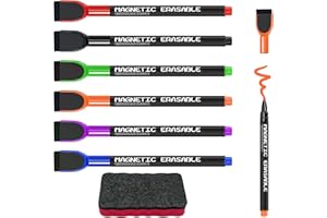 Momowin Set di 6 Pennarelli Lavagna Magnetica e 1 Cancellino Lavagna Magnetica Bianca, Pennarelli Lavagna Bianca Cancellabile Con Attrattore Magnetico e Cancellino per Scrivere, Disegnare