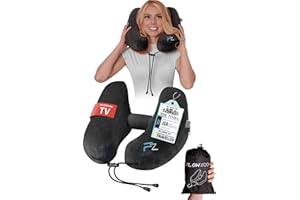 FLOWZOOM Air Inflatable Neck Pillow for Travel – H-Shape Airplane Pillow with 5 Sleeping Positions, Quick Inflation, Adjustable Pressure, Detachable Hood, Soft Plush Cover – Size M, Black
