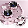 Choiche Compatible for iPhone 15 /iPhone 15 Plus Camera Lens Protector Bling, 9H Tempered Glass Camera Cover Screen Protector Metal Ring Decoration Accessories (Diamond-Pink)