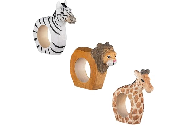 your castle Lot de 3 Ronds de Serviette La Faune Africaine : Lion, zèbre, Girafe en Bois sculptés et Peints à la Main, env. 9 x 7 x 2 cm