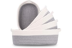 Owelth Lot de 5 Panier Rangement en Corde Coton Tissé, Panier Rangement Bébé avec Poignée, Empilables Corbeille Rangement Caisse Organisateur pour Salle de Bain, Jouets, Maquillage