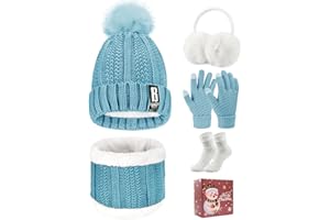 Tuopuda Zestaw czapki z dzianiny i szalika, zestaw 5 szt., zimowe pluszowe ocieplacze uszu, ciepły dzianinowy szalik, czapka beanie i rękawiczki do ekranu dotykowego, zestaw damskich skarpet