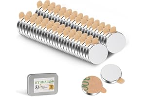UTOMAG 52 Piezas Imanes Adhesivos Fuertes 10x2mm, Imán Redondos Autoadhesivos de Neodimio Potentes y Pequeños, Ideales para Refrigerador, Fotos, Manualidades, Pizarras Magnéticas, Cocina y Oficinas