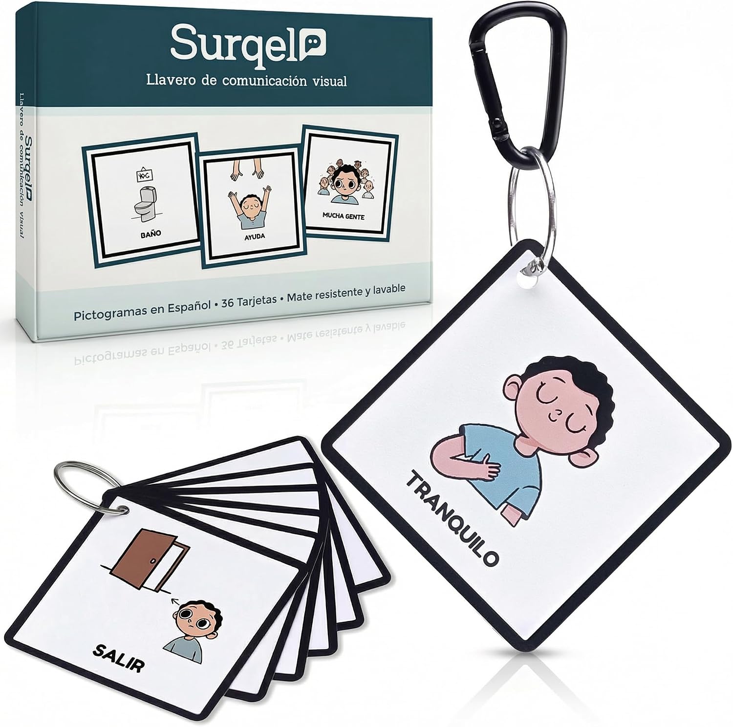 SURQEL Llavero De Comunicación Visual Pictogramas En Español Para Niños Con Autismo TEA 36 Tarjetas Visuales Mate Lavables 7x7cm Mosquetón Apoyo Autistas Pictos Portátil Salidas Transiciones Y Rutinas