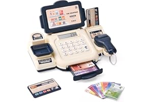 LTFIOON Caja registradora electrónica con escáner y calculadora, caja de supermercado para niños, juego de rol (azul)