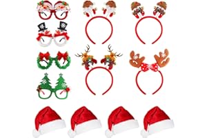 OPUHOHR 12PCS Christmas Headbands & Hats Party Glasses Set, Xmas Decoration & Photo Booth Props