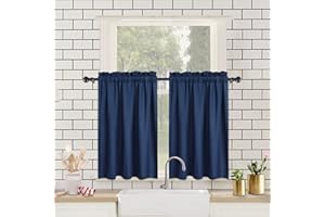 CAROMIO Tende a pannello idrorepellenti Tende a pannello da cucina moderna mezza caffetteria Tende a pannello in rilievo Struttura tende corte per piccole finestre Tenda corta, 2 x W 76cm x H 61cm,blu