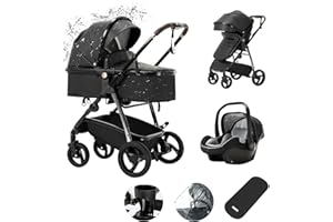 Zkiprm Carrito Bebe 3 en 1, Carrito Bebe Plegable con un Solo Toque, Carro Bebe con Asiento de Coche y Gran Cesta Para Dormir, Carro Bebe 3 Piezas Para Todas Las Estaciones Negro