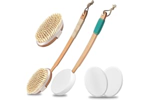 Wanglaism Rückenbürste mit Langem Stiel, Eincremehilfe für Rücken mit 2 Applikator Pads, Naturborsten Duschbürste Körperbürste, Rückeneincremer Badebürste für Peeling, Massage, Lotion, Creme