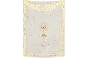 Yugarlibi Mondphasen Wandteppich Mysteriöser Konstellation Sternenhimmel Tarotkarten Wandbehang Ästhetische Retro Astrologie Wandkunst für Schlafzimmer Wohnzimmer Beige 150x130cm