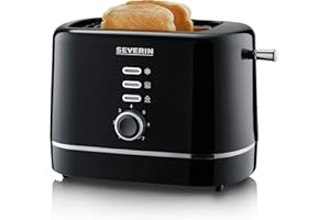 SEVERIN Grille-pain automatique 850 W, Toaster compact 2 fentes jusqu'à 2 tranches, Grille-pain électrique avec réglage du degré de brunissage & fonction décongélation, Noir, AT 4321