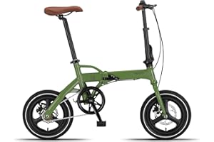 PACTO Rower składany, 14 cali, jakość premium, aluminiowa rama, lekki i przenośny, podwójne hamulce tarczowe, pojedyncza prędkość, 12 kg, rower składany, rower holenderski, zielony
