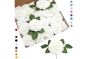 COSORO 25 pièces Fleurs Artificielles Roses Artificielles Blanc,Mousse Faux Roses avec Tiges Décoration Florale pour Anniversaire Mariage Gâteau Fête Jardin Artisanat Douche Nuptiale Saint Valentin