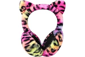 FAXIANTHER Cute Animal Earmuffs Winter Warm Plush Cat Ear Muffs Foldable/Unfoldable Ear Covers Headband Leopard Faux Fur Earwarmer Outdoor Windproof Cold Weather Headwear for Girls Women Cycling Camping Running