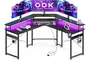‎ODK ODK Gaming Schreibtisch mit LED, Gaming Tisch mit 2 Steckdosen und 2 USB Ladeanschluss, Eckschreibtisch mit großzügiger Monitorablage, Schwarz