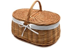 MyBer® Weidenkorb Korb aus Weide geflochten braun Picknickkorb Stabiler Tragekorb mit 2 Deckeln mit Stoffeinlage K1-030-SW
