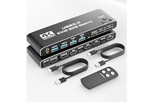 NEWCARE KVM Switch 2 Monitors 2 Computers, HDMI Matrix 4 in 2 Out 4K 60Hz, HDMI KVM Matrix Switch for Dual Monitor, 4 Port HDmi Switcher Splitter Support USB 3.0,HDCP2.3, Hotkey,Extended with Remote Control