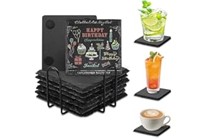 ZILCHX Slate Coasters with Metal Holder, Set of 8 Black Coasters, 4 Inch Stone Coaster Set with Anti-Scratch and Anti-Slip Bottom, Drink oasters for Laser Engraving, Home Decor, Bar, Gifts, Square