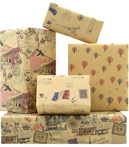 Papier Cadeau Kraft Vintage - Motif Nautique Rétro - 4 Feuilles 50 X 63 Cm - Pour Anniversaire, Mariage, Fêtes