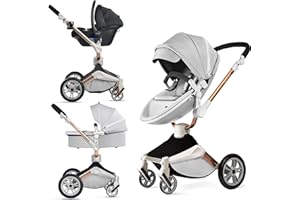 Hot Mom Poussette 2 en 1 avec fonction de rotation à 360 degrés, design spécial de roue adapté pour une utilisation sur multi-terrains (3Gris, avec siège auto)