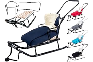 GagaDumi Oslo Schlitten aus Metall mit Rücklehne mit Sicherheitsgurte Schubbügel und Fußsack Babyschlitten Rodel Ideal für Kinder und Erwachsene Belastung bis 120 kg