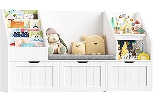 FOREHILL Mueble Almacenaje Juguetes, Mueble Organizador Juguetes, Librería Infantil Montessori, Estantería Infantil para Jugetes y Libros, Organizador Juguetes, con Cojín de Asiento, Blanco