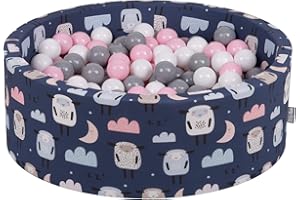 KiddyMoon Baby Foam Ballpit With Balls 90X30cm/200 Balls ∅ 7Cm / 2.75In Round Made In EU, Sheep-Dblue/White-Grey-Powderpink