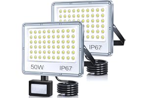 TASINUO Faro LED Esterno con Sensore Movimento 50W 2 Pezzi, 5000LM Faretto con Sensore di Movimento, 7000K Faretto LED da Esterno, Impermeabile IP67 Luci da Esterno per Giardino, Terrazza, Garage