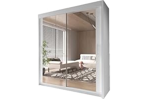 INTERWOOD Modern Full Mirror 2&3 Sliding Doors Wardrobe With Adjustable Shelves, Hanging Rails, Bedroom Furniture (White 180cm)