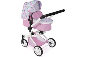 Bayer Chic 2000® 2in1 Puppenwagen Mika – Flowers Rosa – faltbar – höhenverstellbarer Griff 47-80 cm – modernes Gestell – Puppen bis 52 cm – 4-8 J.