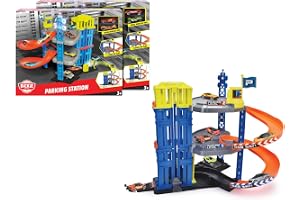 Dickie Toys – Parking Station lekgarage (43,5 x 31,5 x 36,5 cm), parkeringshus för barn från 3 år, 3 våningar, manuell hiss, tank- och laddningsstation, lyftplattform, 2 bilar av metall, 2-fack