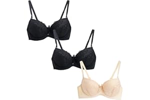 Guhmomh Women's Push Up Bra with Underwire Pack of 3 Floral Lace Women's Bra with Bows Decoration Classic Lifting Comfy Underwire Bras T-Shirt Bralette Breathable Mesh Pretty Top V-Neck Bustier