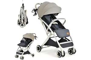 GYMAX Baby Foldable Stroller, Adjustable Backrest Pushchair with Safety Belt, Storage Basket, Leather Handle and Lockable Wheels,for 0-3 Years Olds Infant Kids (Light Grey)