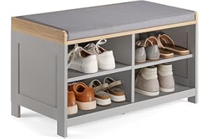 VonHaus Shoe Storage Bench with Padded Seat - Grey Hallway Bench & 4 Open Storage Shelves - Multifunctional Hall Footwear Unit with Wood Effect Top - Storage Solutions for Entryway & Porch - Ash Hall