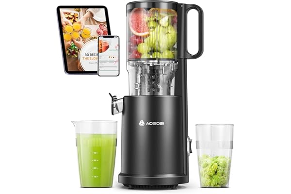 AOBOSI Extracteur de Jus de Fruits et Légumes à Froid 200W, Grande Ouverture 135 mm, Centrifugeuse Extracteur de Jus Silencieuse avec Vis Sans Fin à 8 Étages et Triple Filtration, Facile à Nettoyer