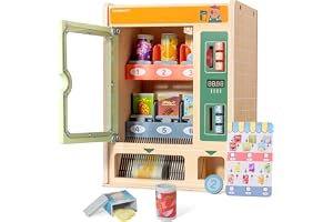 TOP BRIGHT Wooden Vending Machine Playset, Pretend Play Toy Food for Kids | Wooden vending machine playset with pretend snack cans, drink cans and play coins, designed for toddlers 3+ for role play fun