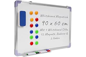 KRUMAD Whiteboard Magnetisch 90x60cm - Magnettafel mit Zubehör - Abwischbare Schreibtafel mit Metallrahmen - Inkl. 4 Whiteboard Stifte, 12 Magnete, Radierer & 2 Haken - Für Büro & Kinderzimmer