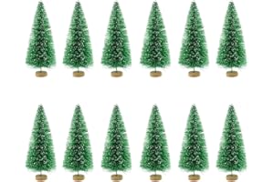 SECALIFE 12 Pieces Mini Sisal Snow Frost Trees Christmas Trees Bottle Brush Trees Plastic Winter Snow Ornaments Tabletop Trees for Party Diorama Models Small Size Trees, Green 8.5cm