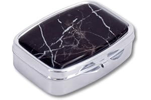 MEDIPILL Pastillero diario | Mini caja rectangular para medicamentos de viaje | 2 compartimentos seguros | Metal resistente | Con espejo | Una pieza | MED-J2 (Mármol negro)