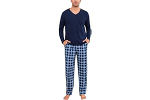 Bresdk Pijama Hombre Invierno Algodon Camiseta Manga Larga Pantalones a Cuadros Pijamas Dos Piezas