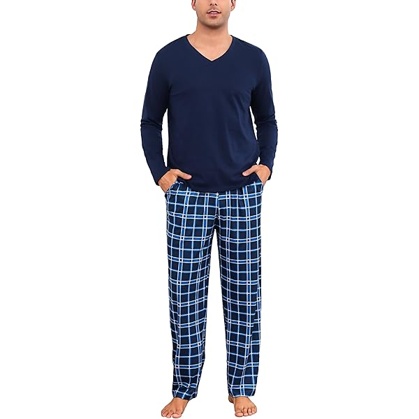 Litherday Pyjama heren lange geruite pyjamaset met ronde hals nachtkleding van katoen winter pyjama tweedelig met zakken sleepwear voor lente en herfst, Stijl 4 grijs, L