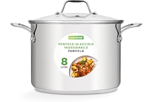 NutriChef Pentola in Acciaio Inox da 8 Litri, Grado Alimentare 18/8, Pesante, Adatta per Induzione, con Coperchio Trasparente, Ideale per Stufati e Cottura Lenta e Lavabile in Lavastoviglie