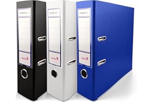 Netuno Ekobox Lot de 3 classeurs à anneaux Noir Blanc Bleu DIN A4 2 anneaux 8 cm Classeur à anneaux A4 2 anneaux Classeur en plastique coloré Classeur pour école, bureau, étude, classeur à documents