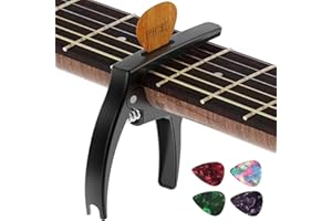 TANMUS Capodastre 3 en 1 pour guitares acoustiques et électriques (avec support de médiator et 4 médiats), ukulélé, accessoires de guitare en bois(le noir)