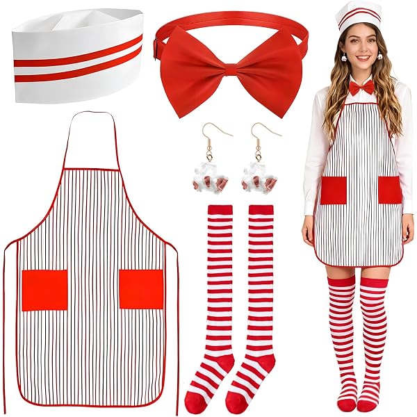 Faschingskostüm Erwachsene Popcorn Kellner-Kostüm-Set – 5-teilig Mit Schürze, Kochmütze & Fliege, 50er-Jahre-Stil, Für Karneval & Partys
