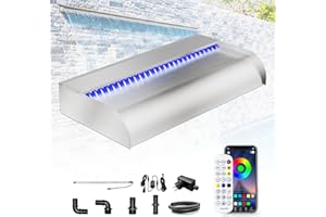 Longrun 60cm Pond Waterfall Blade Kit, 304 Stainless Steel Waterfall Feature Spillway, Outdoor Pool Fountain with 7 Colors Bluetooth LED Lights and Remote Control, Width 31cm