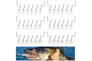 JESIAH 6 Pack Mackerel Feather Rigs 36 Hooks, 3 Sizes Pre-Tied Sea Fishing Rigs 6 Hook Positions Each with Luminous Beads Bionic Insects for Pollock Cod Herring Bass Ideal Fishing Lures for Deep Sea & Night